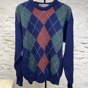 Vintage Shannon Traders Argyle Knitted Wool Sweater Outdoors Made In Ireland
